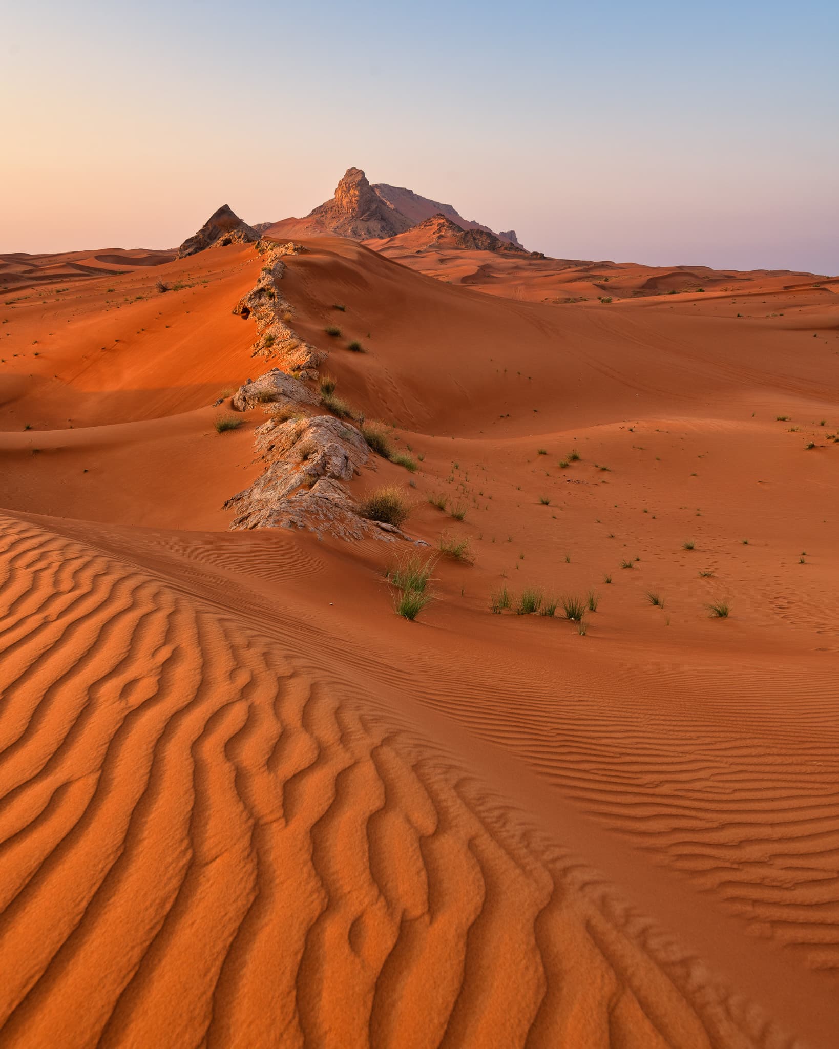 Orange desert dunes and rock formations under soft evening light